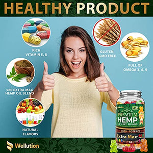 Wellution Hemp Gummies Extra Max x60 High Potency - Fruity Gummy Bear with Hemp Oil. Natural Hemp Candy Supplements for Stress & Inflammation - Promotes Sleep & Calm Mood