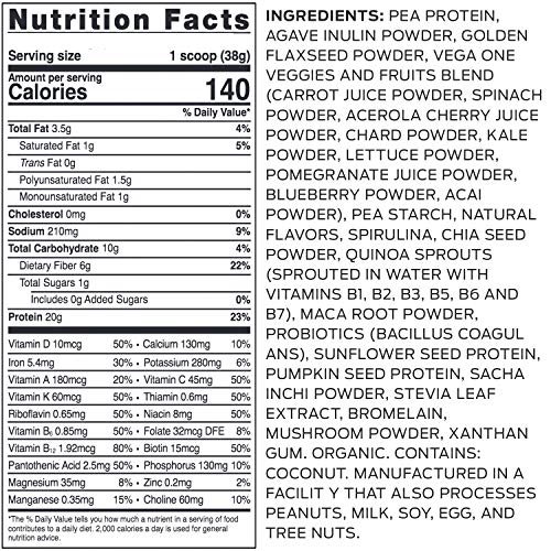 Vega One Organic, Coconut Almond, Meal Replacement Protein Powder, Vegan, Plant Based, Superfood, Vitamins, Probiotics, Dairy Free, Gluten Free, Pea Protein for Women and Men, 12.1 Ounces (9 Servings)