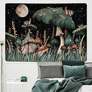 Trippy Mushroom Tapestry Moon and Stars Tapestry Snail Tapestry Fantasy Plants and Leaves Tapestry Wall Hanging for Room(70.9 × 92.5 inches)