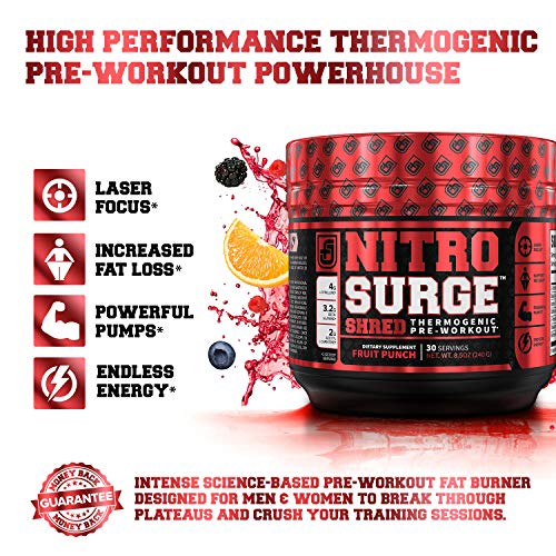 NITROSURGE Shred Pre Workout Supplement - Energy Booster, Instant Strength Gains, Sharp Focus, Powerful Pumps - Nitric Oxide Booster & PreWorkout Powder - 30Sv, Fruit Punch