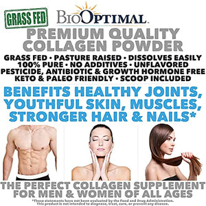 BioOptimal Collagen Powder, Collagen Peptides, Grass Fed, Non-GMO Premium Quality Hydrolyzed Collagen Protein, Pasture Raised, Dissolves Easily, 300 Grams