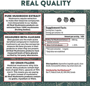 Real Mushrooms Turkey Tail Mushroom Supplements for Immune Support, Wellness, & Vitality | Vegan, Non-GMO Turkey Tail Capsules (90 Capsules / 45 Day Supply)