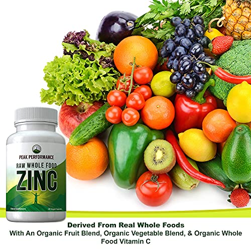 Raw Whole Food Best Vegan Zinc Supplement with Vitamin C. Zinc Supplements by Peak Performance. High Potency Pure Zinc 30mg Capsules, Pills, Tablets, Vitamins for Adults Both Men and Women