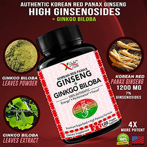 Authentic Korean Red Panax Ginseng 1200mg + Ginkgo Biloba - 120 Vegan Capsules - High Ginsenosides Extra Strength Root Extract Powder Supplement for Energy, Performance & Focus Pills for Men & Women