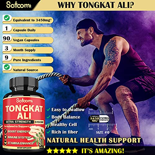 Satoomi Natural Tongkat Ali Root Extract 200:1 - 9 Essential Herbs Equivalent to 3450mg - Support Strength, Energy and Healthy Immune - 1 Pack 90 Vegan Caps 3 Month Supply