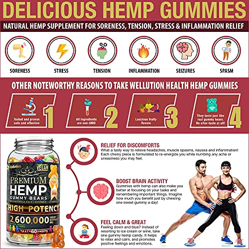 Wellution Hemp Gummies 2,600,000 XL High Potency - Fruity Gummy Bear with Hemp Oil - Natural Hemp Candy Supplements for Soreness, Stress & Inflammation - Promotes Sleep and Calm Mood