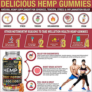 Wellution Hemp Gummies 2,600,000 XL High Potency - Fruity Gummy Bear with Hemp Oil - Natural Hemp Candy Supplements for Soreness, Stress & Inflammation - Promotes Sleep and Calm Mood