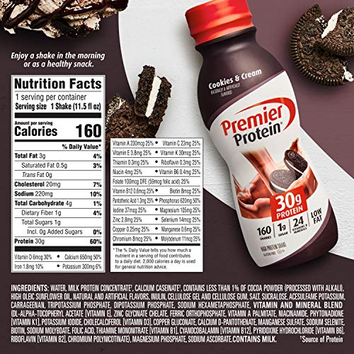 Premier Protein Shake, Cookies & Cream, 30g Protein, 1g Sugar, 24 Vitamins & Minerals, Nutrients to Support Immune Health 11.5 fl oz, 12 Pack