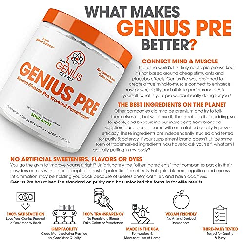 Genius Pre Workout Powder – All Natural Nootropic Preworkout & Caffeine Free Nitric Oxide Booster w/Beta Alanine & Alpha GPC | Boost Focus, Energy & NO | Muscle Builder Supplement – Essential Herbs