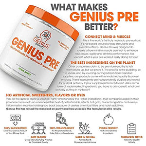 Genius Pre Workout Powder – All Natural Nootropic Preworkout & Caffeine Free Nitric Oxide Booster w/Beta Alanine & Alpha GPC | Boost Focus, Energy & NO | Muscle Builder Supplement – Essential Herbs