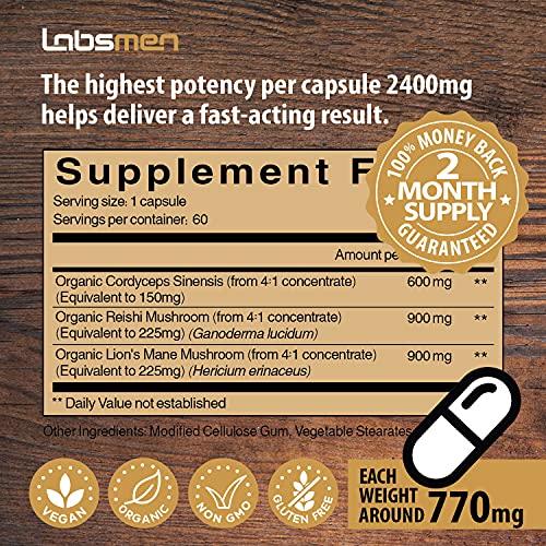 Natural Nootropic Organic Mushroom Complex - Lions Mane, Cordyceps & Reishi Mushroom Supplement as Brain Booster/Energy Pills Help Support Brain Power, Mental Clarity & Immune System, Veggie 2-Mons