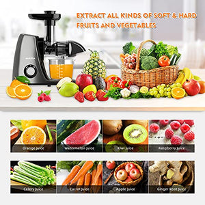 Aucma Juicer Machine,Slow Juicer Extractor,Cold Press Juicer with Quiet Motor and Reverse Function,Masticating Juicer Machine with Brush Recipes,for High Nutrient Fruit Vegetable Juice (Gray)