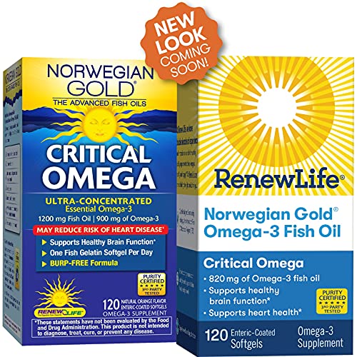 Renew Life® Norwegian Gold® Adult Fish Oil - Critical Omega, Fish Oil Omega-3 Supplement - Gluten & Dairy Free - 120 Burp-Free Softgel Capsules
