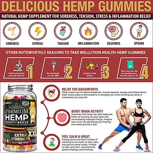 Wellution Hemp Gummies Extra Strength XXL High Potency Vegan - Fruity Gummy Bear with Hemp Oil. Natural Hemp Candy Supplements for Stress & Inflammation. Promotes Sleep & Calm Mood.