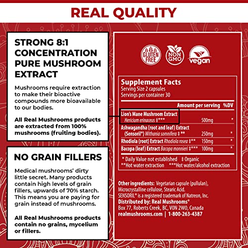 Real Mushrooms RealClarity Brain Supplement Mushroom Powder Capsules - Mushroom Supplement for Mental Clarity, Focus, Cognition, Daily Immune Support - Organic Lions Mane Capsules w Ashwagandha, 60ct