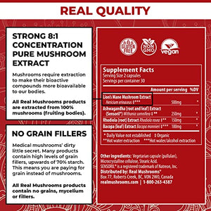 Real Mushrooms RealClarity Brain Supplement Mushroom Powder Capsules - Mushroom Supplement for Mental Clarity, Focus, Cognition, Daily Immune Support - Organic Lions Mane Capsules w Ashwagandha, 60ct