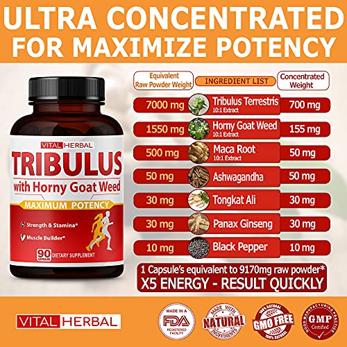 7 in 1 Ultra Tribulus Terrestris with Horny Goat Weed Capsules 9170 mg - Maximum Strength with Ashwagandha Tribulus Maca Root Enhance Energy Stamina for Men Women 1 Bottle (90 Count (Pack of 1))