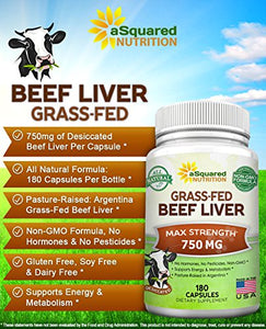Grass Fed Beef Liver (Desiccated) - 180 Capsules - Argentine Pasture-Raised Beef Liver Pills - 3000mg Supplement Powder Per Serving - Natural Iron, B12, Vitamin A for Energy - Non-GMO