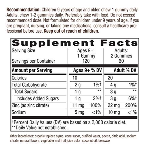 Natures Way Zinc Gummies, Supports Immune Function*, 11 mg per Gummy, Mixed Berry Flavored, 120 Gummies