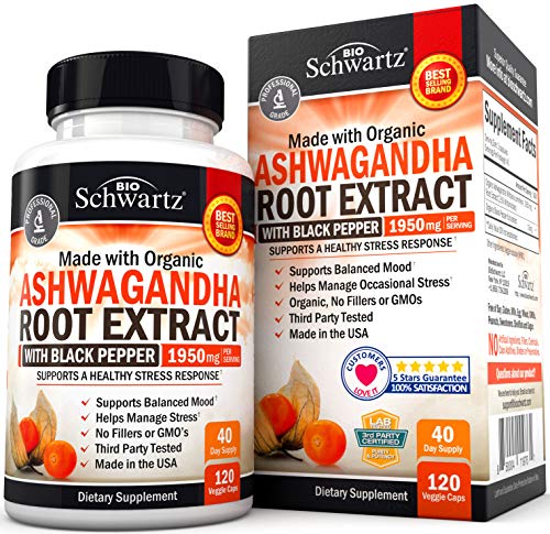 Ashwagandha Capsules 1950mg with Black Pepper for Enhanced Absorption for Women Men - Stress Relief Anxiety Focus Supplement - Organic Ashwagandha Root Extract for Adrenal Mood Thyroid Support -120ct