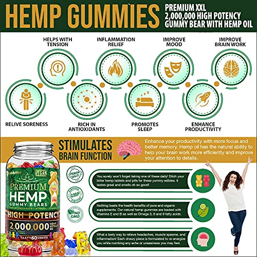 Wellution Hemp Gummies 2,000,000 XXL high Potency - Fruity Gummy Bear with Hemp Oil, Natural Hemp Candy Supplements for Soreness, Stress & Inflammation Relief, Promotes Sleep & Calm Mood