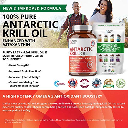 Pure Antarctic Krill Oil Supplement. 2,000mg of Krill Oil and 800mcg Astaxanthin. 60 Softgels Rich in Omega 3, Fatty Acids, DHA, EPA, & Phospholipids. Supports Joint, Memory and Brain Function
