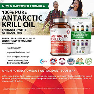Pure Antarctic Krill Oil Supplement. 2,000mg of Krill Oil and 800mcg Astaxanthin. 60 Softgels Rich in Omega 3, Fatty Acids, DHA, EPA, & Phospholipids. Supports Joint, Memory and Brain Function