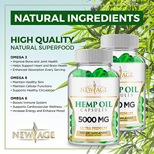 Hemp Oil Capsules Pills - 2 Pack - 5000 Hemp Extract - Natural Sleep & Mood Support - Made in The USA - Maximum Value - Rich in Omega 3,6,& 9