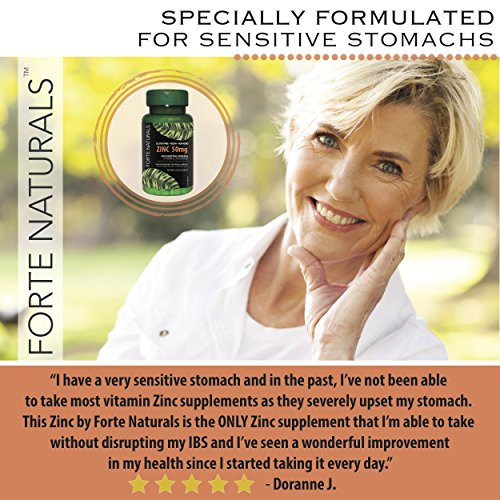 100 Zinc Supplements Specially Formulated for Sensitive Stomachs , Vitamins for Adults Daily Supplement by FORTE NATURALS Vegan 50mg, Non GMO, Easy to Swallow Zink Vitaminas