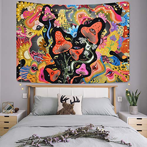 Mushroom Tapestry Psychedelic Eyes Tapestries Trippy Tapestry Colorful Flowers Tapestry Wall Hanging for Room(59.1 x 59.1 inches)