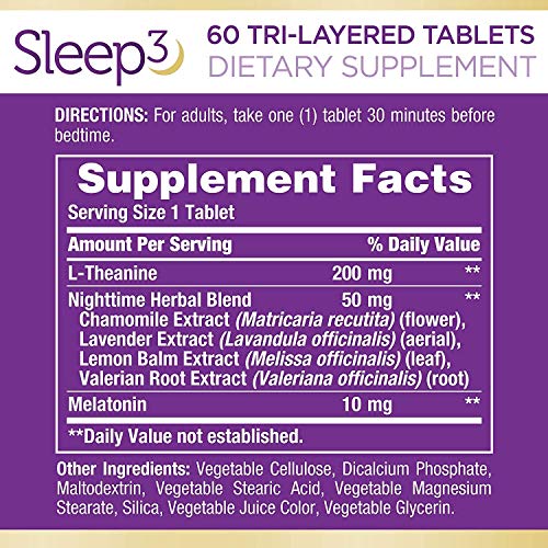 Melatonin by Nature's Bounty, Sleep3 Maximum Strength 100% Drug Free Sleep Aid, Dietary Supplement, L-Theanine & Nighttime Herbal Blend Time Release Technology, 10mg, 30 Tri-Layered Tablets