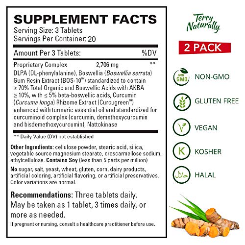 Terry Naturally Curamin Extra Strength (2 Pack) - 60 Vegan Tablets - Non-Addictive Pain Relief Supplement with Curcumin from Turmeric, Boswellia & DLPA - Non-GMO, Gluten-Free - 40 Servings
