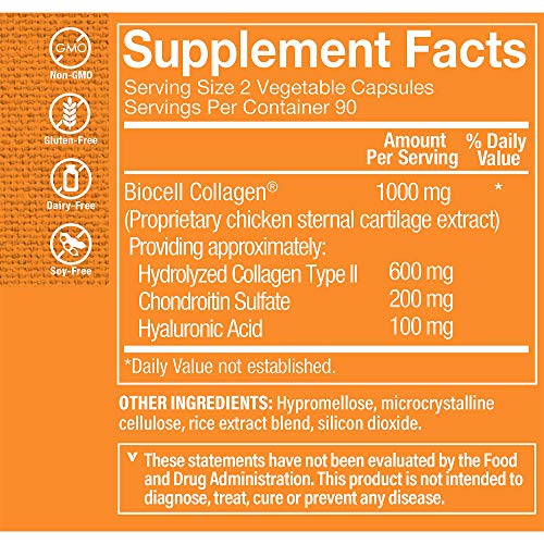 The Vitamin Shoppe Biocell Collagen II with Hyaluronic Acid 1000mg, Supports Skin and Joint Health, Promotes Joint Comfort and Stimulates Cartilage Producing Cells (60 Vegetable Capsules)
