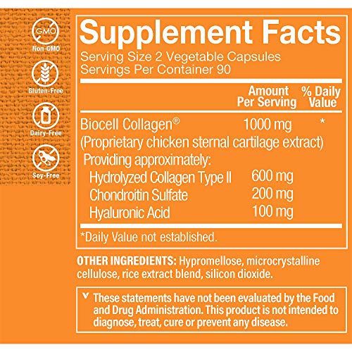 Biocell Collagen II with Hyaluronic Acid 1000mg, Supports Skin and Joint Health, Promotes Joint Comfort and Stimulates Cartilage Producing Cells (180 Vegetable Capsules) by The Vitamin Shoppe