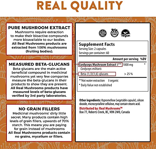 Real Mushrooms Cordyceps Peak Performance Supplement for Energy, Stamina, Endurance (120ct) Non-GMO, Vegan Cordyceps Mushroom (60 Day Supply)