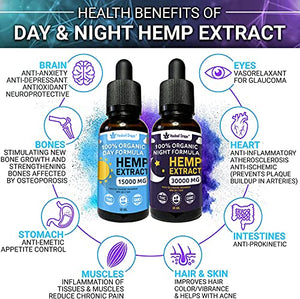 2-Pack Vegan Hemp Seed Oil CO2 Extract - New Day & Night Formula - 15,000mg & 30,000mg - 100% Organic Hemp Extract of Omega 3-6-9 for Skin, Hair and Focus