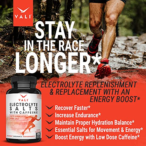 VALI Electrolyte Salts Plus 40mg Caffeine. Rapid Oral Rehydration Replacement Pills. Hydration Nutrition Powder Supplement, Energy, Recovery & Relief Fast. Fluid Health Essentials. 120 Veggie Capsules