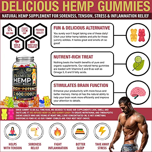 Wellution Hemp Gummies 2,600,000 XL High Potency - Fruity Gummy Bear with Hemp Oil - Natural Hemp Candy Supplements for Soreness, Stress & Inflammation - Promotes Sleep and Calm Mood