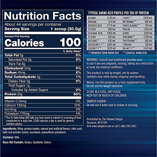 BodyTech Whey Protein Isolate Powder with 25 Grams of Protein per Serving BCAA's Ideal for PostWorkout Muscle Building Growth, Contains Milk Soy Strawberry Banana (3 Pound)