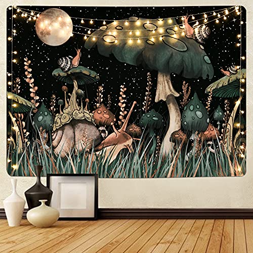 Trippy Mushroom Tapestry Moon and Stars Tapestry Snail Tapestry Fantasy Plants and Leaves Tapestry Wall Hanging for Room(36.02 x 48.03 inches)