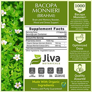 Bacopa Monnieri Brahmi Capsules 1000mg - All Natural Brain Booster Supplement for Focus, Memory, Clarity - Made in USA, Non GMO - High Potency & Purity Bacopa Extract - Jiva Botanicals