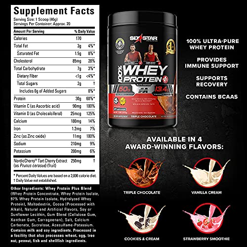 Whey Protein Powder + Immune Support | Six Star Whey Protein Plus | Whey Protein Isolate & Peptides + Muscle Builder | Lean Protein Powder for Muscle Gain & Recovery | Vanilla, 2 lbs