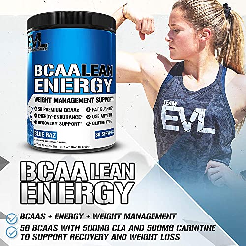 Evlution Nutrition BCAA Lean Energy - Essential BCAA Amino Acids + Vitamin C, Fat Burning & Natural Energy for Performance, Immune Support, Lean Muscle, Recovery, Pre Workout, 30 Serve, Blue Raz