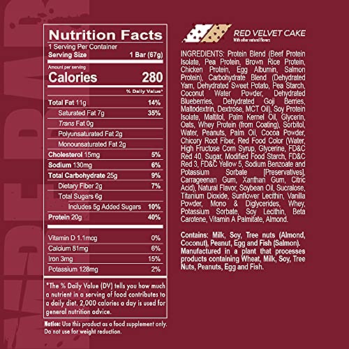 Redcon1 MRE Bar - Meal Replacement Protein Bar (1 Box / 12 Bars), Real Whole Food Sourced Protein, Real Food Taste, 20G Protein (Red Velvet Cake)