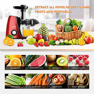 Aucma Juicer Machine,Slow Juicer Extractor,Cold Press Juicer with Quiet Motor and Reverse Function,Masticating Juicer Machine with Brush Recipes,for High Nutrient Fruit Vegetable Juice (Red)