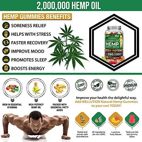 Wellution Hemp Gummies 2,000,000 XXL high Potency - Fruity Gummy Bear with Hemp Oil, Natural Hemp Candy Supplements for Soreness, Stress & Inflammation Relief, Promotes Sleep & Calm Mood