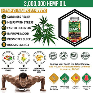 Wellution Hemp Gummies 2,000,000 XXL high Potency - Fruity Gummy Bear with Hemp Oil, Natural Hemp Candy Supplements for Soreness, Stress & Inflammation Relief, Promotes Sleep & Calm Mood